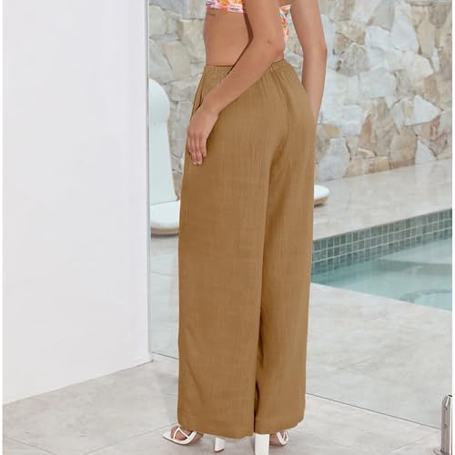Image of Duyang Womens Cotton Linen Palazzo Pants Drawstring Elastic Waist Casual Wide Leg Trousers with Pockets
