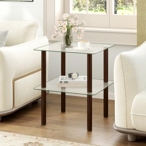 Image of Giantex Square End Table, 2-Tier Sofa Side Table with Clear Tempered Glass Top & Shelf, Small Accent Table with Solid Rubber Wood Legs for Living Room Bedroom Home Office (Brown & Clear)