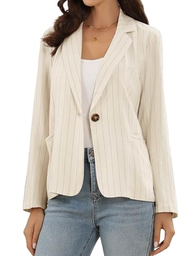 Image of Allegra K Striped Blazer for Women Notched Collar Long Sleeve Single Button Business Casual Suit Jacket with Pockets X-Large Beige