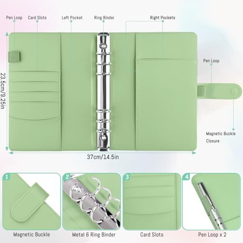 Image of Antner A5 Binder 6 Ring Refillable Notebook Planner Cover for Cash Organizer, PU Leather Loose Leaf Photocard Holder Aesthetic Small Binder for A5 Planner Inserts with Magnetic Buckle, Matcha Green
