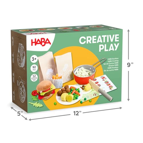 HABA Creative Play – Fresh Box Kochbox – Spielzeug-Lebensmittel aus Holz & Stoff, mit Rezeptkarten zum Nachkochen – Zubehör für Spielküche & Kaufladen – ab 3 Jahren – 2012310001