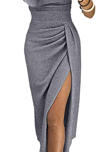 Off The Shoulder Formal Wedding Evening Party Prom Cocktail Dress Gray Womens Gown Elegant High Slit Waist Dress Large (US 12-14) Gray