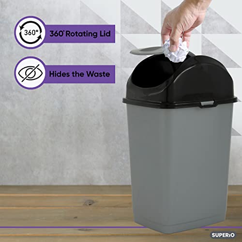 Superio Compact Slim Trash Can 4.5 Gallon With Swing Top Cover (Gray And Black) 18 Liter #TOP3