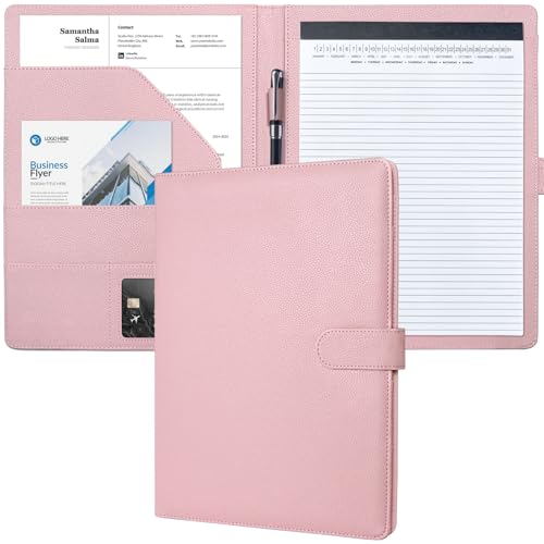 Image of Mymazn Padfolio Portfolio Folder, Faux Leather Interview Resume Folder with Document Organizer & Business Card Holder, Letter-Sized Notepad Legal Pad Holder for Men Women (Pink)