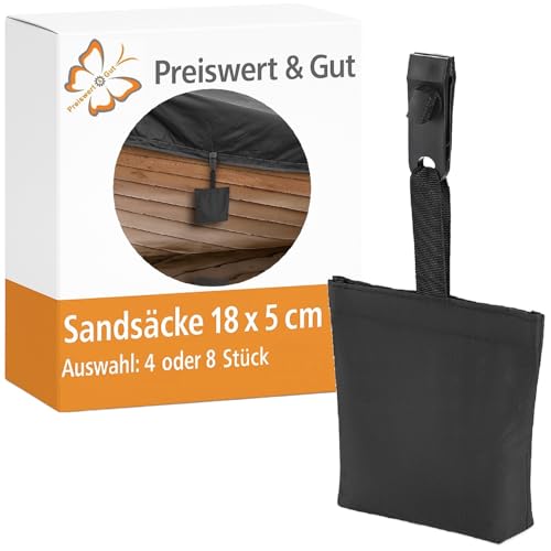 Preiswert&Gut 8 x Sandsäcke für Pavillon 18 x 5 cm - Sandsäcke zum beschweren Sandsäckchen inkl. Befestigungszubehör UV-beständige Beschwerer für Vorhänge Outdoor oder Luftballon Beschwerer (8)