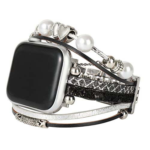 Bovipo Compatible with Apple Watch Band 44mm 45mm 42mm 40mm 41mm 38mm iwatch Series SE 7 6 5 4 3 2 1, Leather Bracelets Handmade Jewelry Adjustable Metal Clasp Multilayer Wrap Strap for Women