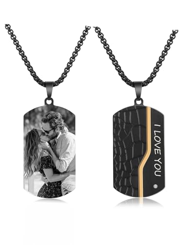PiercingJak Personalisierte Dog Tag Halskette Foto Text Beidseitig Gravur Edelstahl Hundemarke Kette Memorial Anhänger Erinnerung Schmuck Individuelle Geschenke für Herren Frauen, Steinoptik
