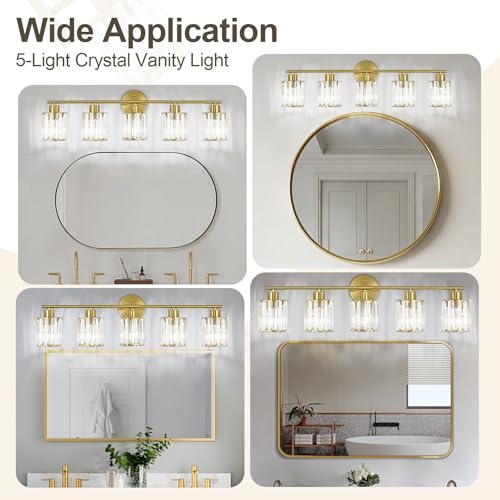 Image of Modern Gold Crystal Bathroom Light Fixtures,5-Light