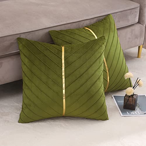 Image of Velvet Throw Pillow Covers 22x22 Pack of 2 Gold Decor Olive Green