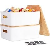Citylife 2 PCS Storage Bins with Bamboo Lids Plastic Storage Containers for Organizing Stackable Storage Box with Handle, 15.12 x 10.67 x 5.98 inch