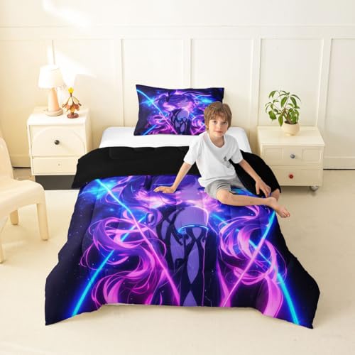 Image of Erosebridal 3D Anime Kids Bedding | Japanese Girl Twin Comforter Sets,Girly Galaxy Stars Comforter Purple Neon Duvet Insert with 1 Pillow Case