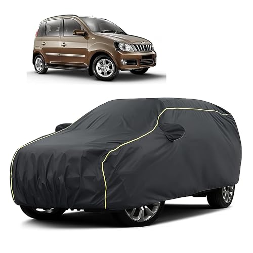 Image of Sulfar 100% Water Resistant Car Body Cover Compatible with Mirror for Mahindra Quanto (Triple Stitched, Full Bottom Elastic, Dark Grey Taffeta with Yellow Piping)