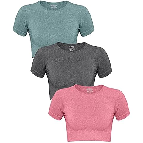 GXIN Women 3 Pieces Seamless Stretchy Short Sleeve Yoga Crop Top Sports Bra Fitness Running Workout Shirts (M, Green, Grey, Red) Cover