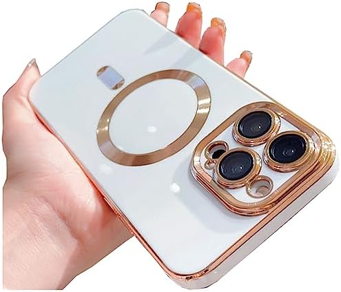 BVCY Magnetic Case for iPhone 13 Pro Max Case Magsafe with Camera Protector Plating Gold Edge Soft TPU Shockproof Case for iPhone 13 Pro Max Case (6.7 Inch) (White)