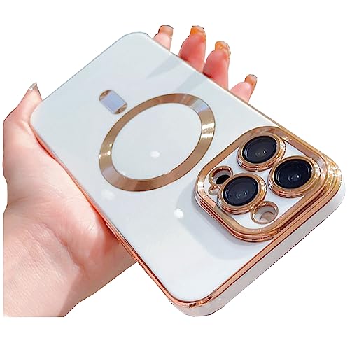 Bvcy Magnetic Case For Iphone 13 Pro Max Case Magsafe With Camera Protector Plating Gold Edge Soft Tpu Shockproof Case For Iphone 13 Pro Max Case (6.7 Inch) (White) #TOP1