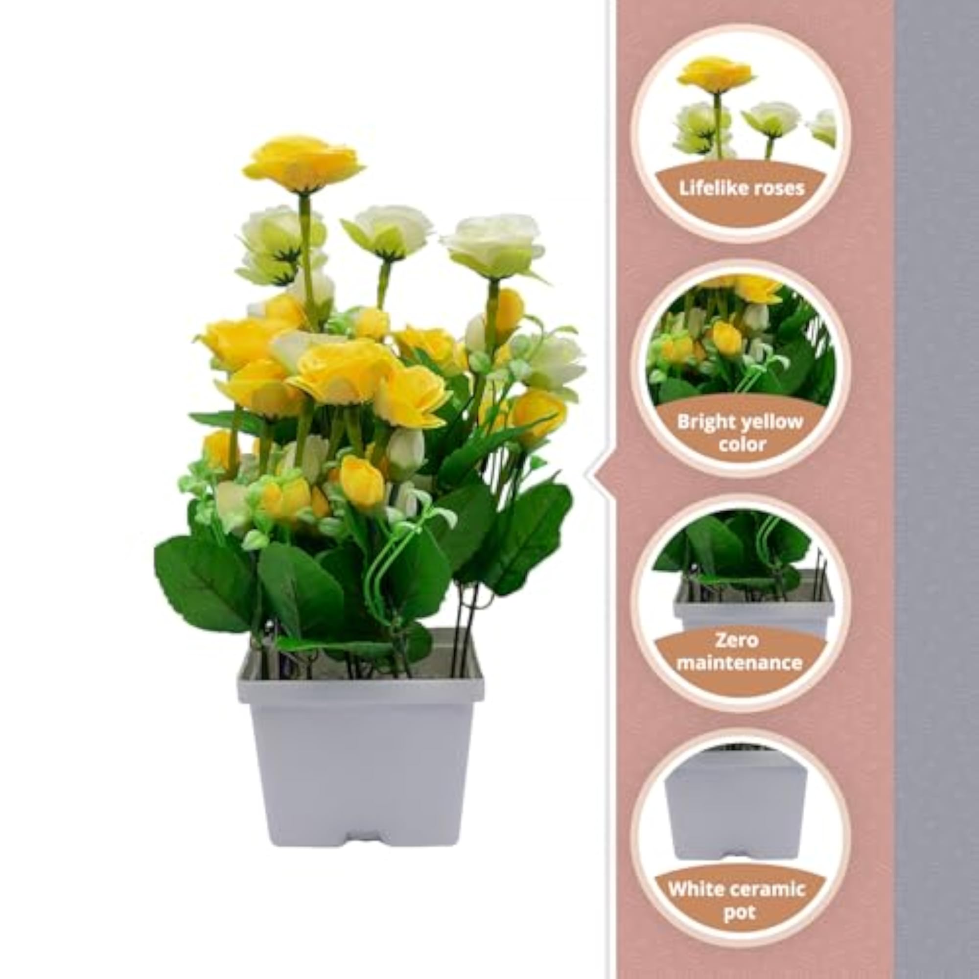 Artificial Yellow Rose Plant with White Pot