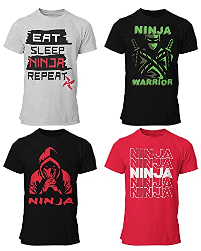 BROOKLYN VERTICAL 4-Pack Boys Ninja Short Sleeve Crew Neck T-Shirt with Chest Print | Soft Cotton Sizes 6-20