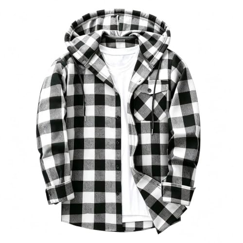 Men Flannel Hoodie Shirts Button Down Plaid Shirt Long Sleeve Casual Jacket - image 3