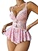 Lilosy Sexy Bows Floral Lace Mesh Babydoll Lingerie Romper Cutout Nightwear Women Bodysuit Nightshirt Teddy Pink Medium
