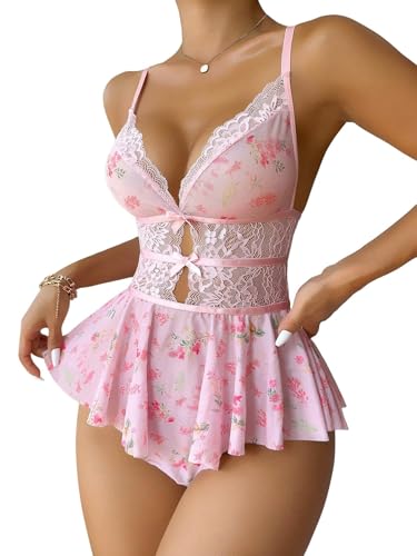 Image of Lilosy Sexy Bows Floral Lace Mesh Babydoll Lingerie Romper