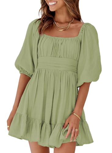 Dokotoo Womens Summer Dresses Square Neck Tie Back Lantern Sleeve Ruffle A-Line Casual Dress
