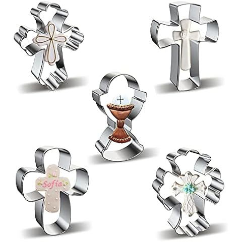 Cross Cookie Cutter Shapes Set, Azflyife 5 Piece Stainless Steel Metal Biscuit Mold Cookie Cutters with Chalice Holy Cup Crucifix Crucifixion for Easter Halloween Christmas Religious Baptism Communion Cover