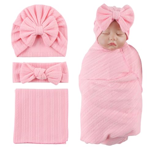 Image of OMUKY Newborn Receiving Blanket Bow Headband and Beanie Set Baby Swaddle Receiving Blankets Baby Boy Girls Nursery Swaddle Wrap(Light Pink)