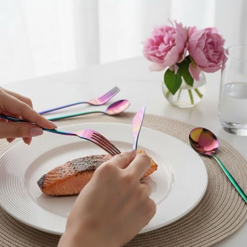 Image of 25 Pcs Rainbow Cutlery Set for Dining Table the Perfect Lightweight Silim Handle Tableware Including Dinner Spoon, Dinner Fork, Dinner Knife, Dessert Spoon & Dessert Fork