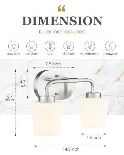 Image of 2-Light Bathroom Light Fixtures Over Mirror, Brushed Nickel | Vanity Lighting Fixtures with Milk White Glass, Vintage Farmhouse Wall Sconces Lighting, AD-22004-2W-SN