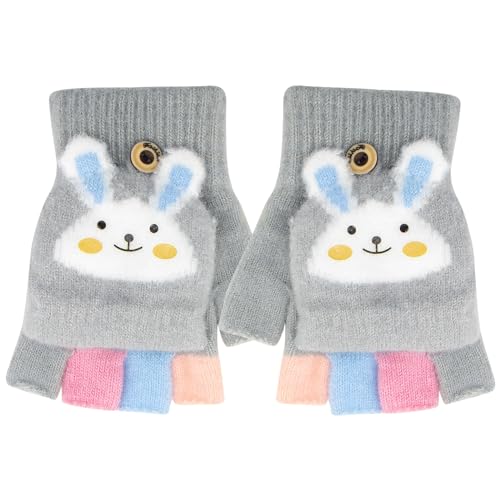 Zolunu Guantes para niños sin dedos Invierno cálido convertible Flip Top Guantes suave forro de punto y elástico Cute Cartoon para Niños Niño Niñas 7-10 Años (Gris)