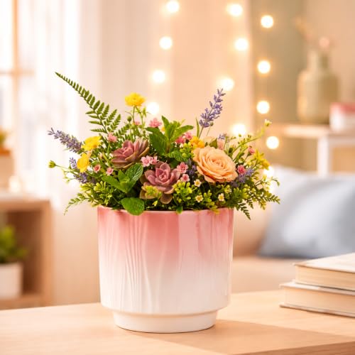 Image of Xtore Graceful Ribbed Ceramic Planter for Home & Office Decor | Modern Indoor Flower Pot with Soft Pink Finish for Living Room, Bedroom, Desk, Shelf, Balcony & Window Styling (Soft Pink)
