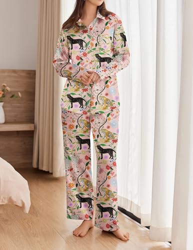 Ekouaer Womens Satin Silky Pajama Set 2 Piece Print PJs Soft Loungewear Button Down Sleepwear with Elastic Waist Long Pants