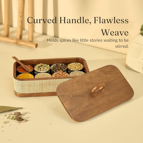 Image of Brick Brown Wooden Tresso Masala Box for Kitchen | Handcrafted Rattan Spice Box with 8 Steel Containers & Wooden Spoon | Masala Dani /Namak Dani | Masala Dabba Storage Box (10.6 x 5.9 x 5.5 Inch)