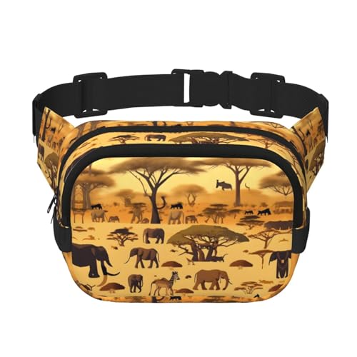 Riñonera cuadrada de doble capa con diseño de animales africanos de pastizales con correa ajustable para correr, viajar, senderismo, negro, talla única, negro, talla única, Black, Talla única