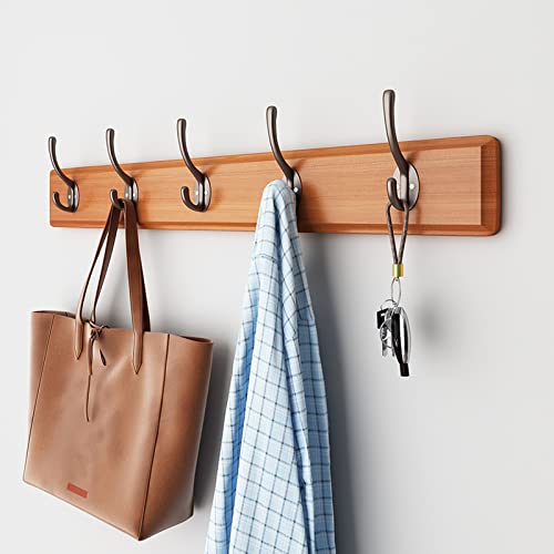 Spotact Perchero Pared Rústico 49*7.6*5 cm, Colgador Pared Madera Resistente para Colgar con Doble Ganchos para Chaqueta Sombrero Bolsa Toalla para Dormitorio Baño Entrada (5 Ganchos, Madera Cerezo) Cover