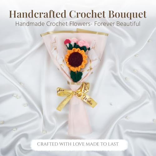 Image of HindCraft Handmade Crochet Flower Bouquet | Sunflower & Pink Rose Knitted Bouquet | Artificial Forever Flowers Gift for Birthday Anniversary Valentine Room Decor