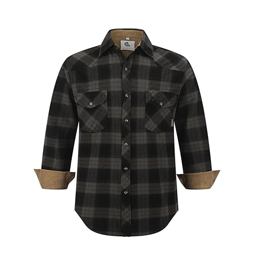 COEVALS CLUB Mens Flannel Shirt Long Sleeve Checked Snap Cotton with Pocket Regular Fit Plaid Lumberjack Casual Work Shirt (Black Grey Plaid #19 L)