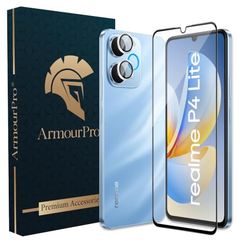 Image of ArmourPro Edge to Edge Tempered Glass for Realme P4 Lite with Silver Camera Ring Guard, 9H Screen Protector, Anti-Scratch, Anti-Fingerprint, Bubble-Free Installation Kit