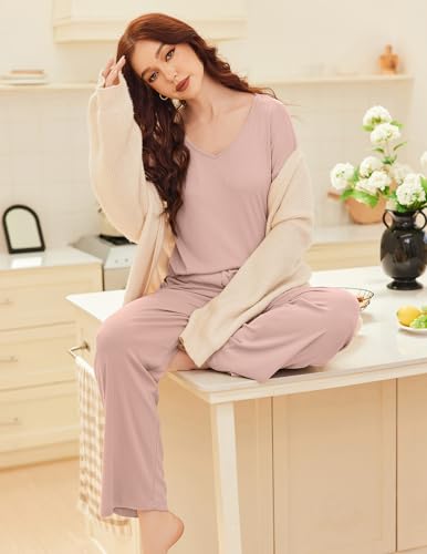 Ekouaer Womens Ribbed Knit Pajamas Set V Neck Long Sleeve Pj Set 2 Piece Loungewear Casual Sleepwear