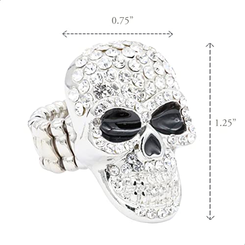 Lavencious Skull Shape Rhinestone Stretch Ring Rhodium Plated With Clear Crystals For Women Size For 7-9 #TOP1
