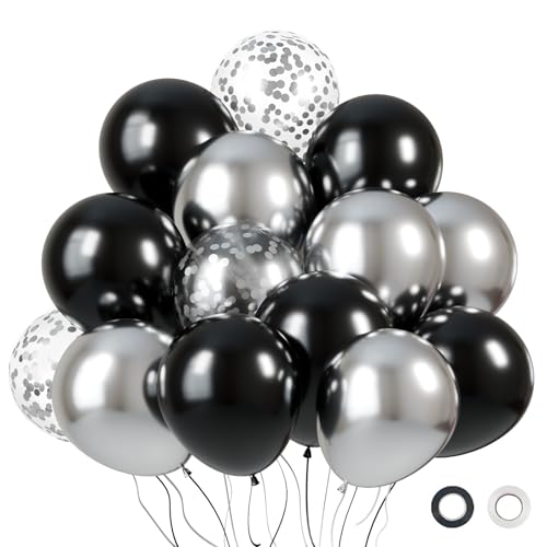 Image of KBZVNAF Black and Silver Latex Balloons - 60 Pack 12 inch Black Metallic Silver Confetti Party Balloons for Birthday, Baby Shower, Wedding, Bridal Shower, Graduation Party Decorations