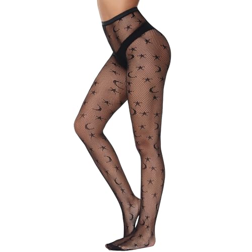 Image of Women Sexy Tights,Fishnet Stockings Patterned Tights,Thigh-High Black Socks, Lace Leggings Pantyhose, Moon tights and star tights