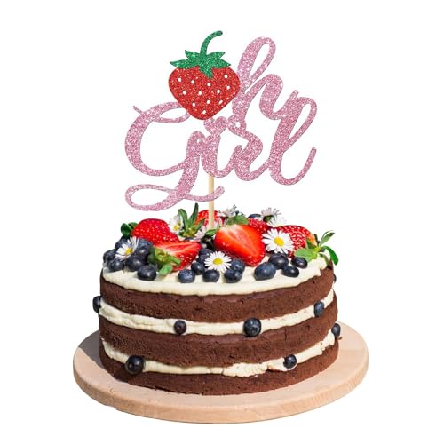1 x Erdbeer-Oh Girl-Kuchenaufsatz "It'a Girl", Erdbeer-Kuchenspieß für Obst-Themen, Babyparty, Kindergeburtstag, Partyzubehör