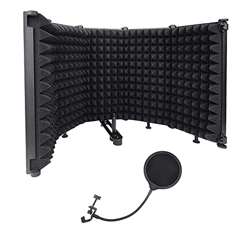 JBER Professional Microphone Isolation Shield with Microphone Pop Filter,Absorbing Foam Reflector Folding Panel,Suitable for blue yeti and any condenser microphone recording equipmentï¼ˆ5 Foldï¼‰