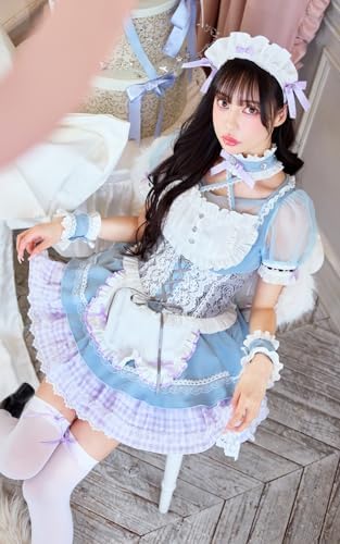 [Malymoon] コスプレ メイド ウエイトレス 家政婦 ギンガム チェック ブルー パープル 青 紫 レース 衣装 仮装 マリームーン 5点セット 10256 詳細画像4