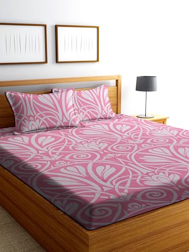 Image of DECORUM Glace Cotton Fitted Bedsheet King Size (72 inchx78 inch)| All Around Elastic| Cotton Feel| 2 Pillow Covers (17 inchx27 inch)| Fits Up to 8 inch Mattress| 220 TC|Soft, Wrinkle-Free| Floral Print-Baby Pink