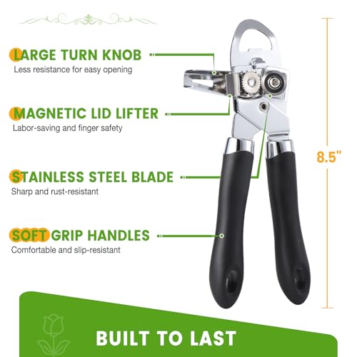 Diboniur Apriscatole Manuale, 3 in 1 Apriscatole Professionale in Acciaio Inossidabile, Apri Barattoli senza sforzo, Bordo Liscio (Nero) - immagine 6