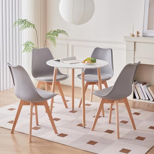 DEYARNA HOME Conjunto Mesa y Sillas de Comedor, Mesa Redonda de 80 cm y 4 Sillas Tapizadas para 4 Personas (Gris)