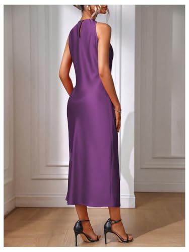 Image of Floerns Women's Elegant Crew Neck Maxi Slit Cocktail Tank Wedding Dress | Boat Neck, Side Slit, Long, Party, Cocktail, Formal, Rehearsal Dinner Guest Midi Dress