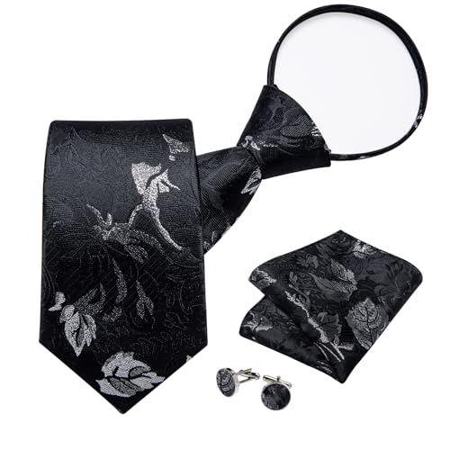 Image of DiBanGu Mens Zipper Ties Silk Adjustable Necktie Pocket Square | Paisley /Striped Pattern,Pre-tied Gift Tie Sets,Jacquard Woven,Pocket Square Cufflinks,Great for Formal & Business Wedding